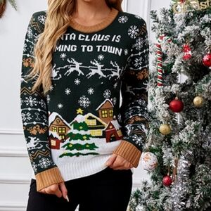 Santa Claus Coming to Town Holiday Top Long Sleeve Shirt Pullover Knit Sweater